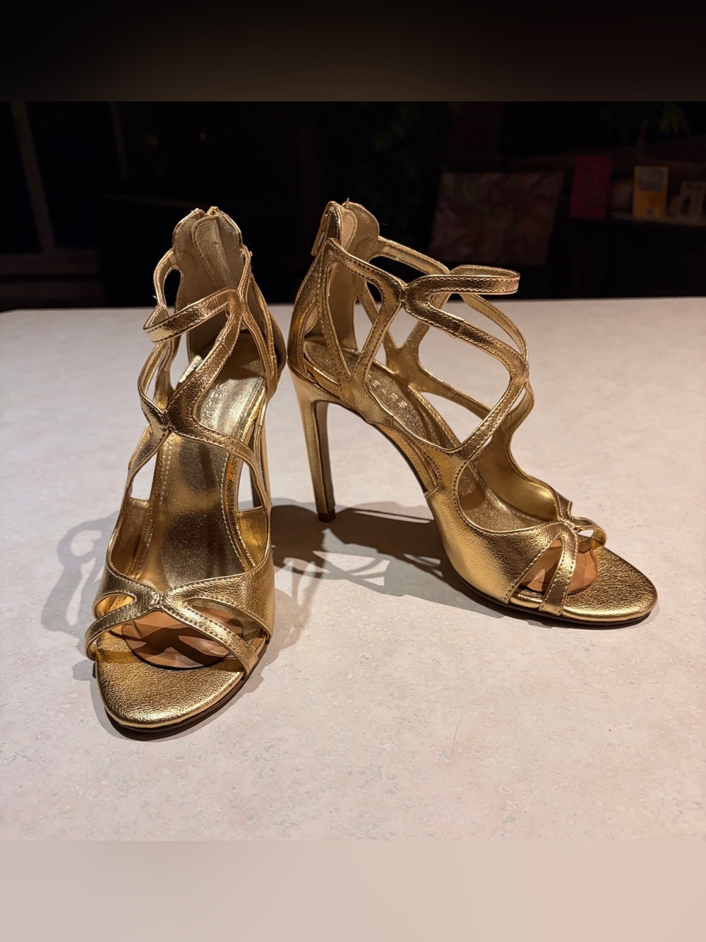 Gold Strappy High Heel Stilettos